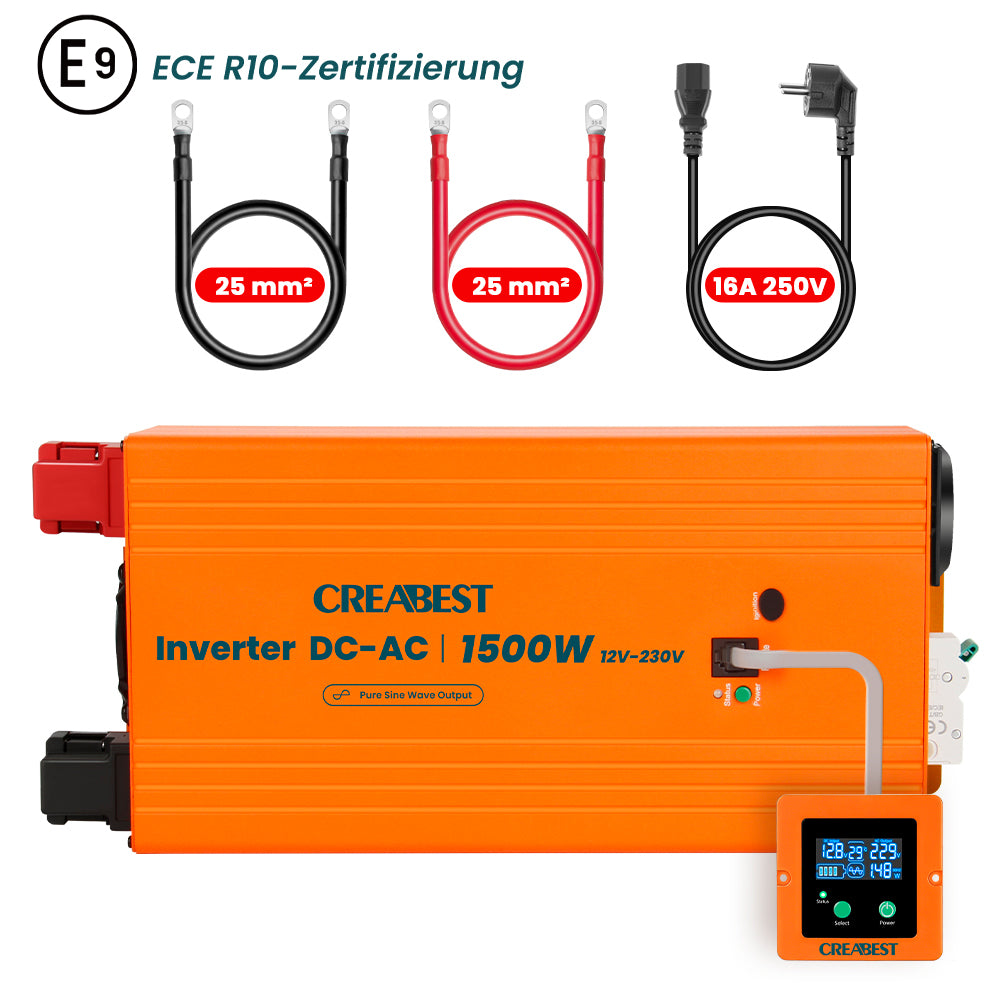 CREABEST 1500W Inverter 12V 220V Onda Pura per Camper Camion con Interruttore Differenziale, Priorità della Rete, ASI, R10, Cavi Batteria 25 mm²