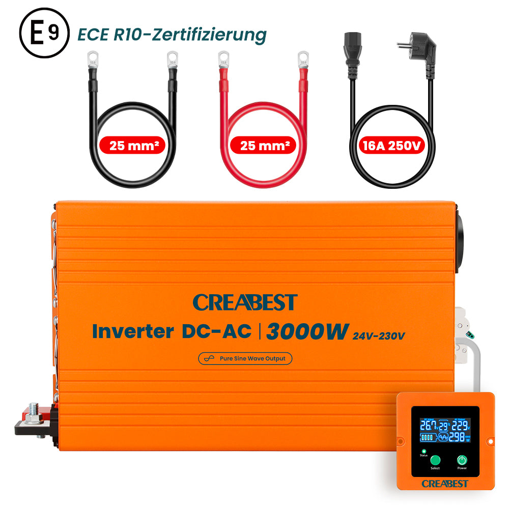 CREABEST 3000W Inverter 24V 220V Onda Pura per Camper Camion con Interruttore Differenziale, Priorità della Rete, ASI, R10, Cavi Batteria 25 mm²