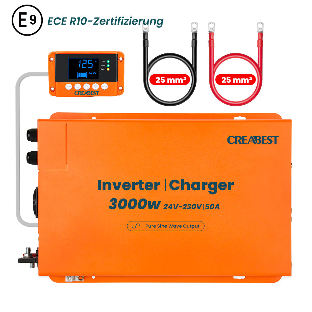 CREABEST 3000W Inverter 24V 220V Onda Pura per Camper Camion con Caricabatterie 50A, Interruttore Differenziale, Priorità della Rete, ASI, R10, Cavi Batteria 25 mm²