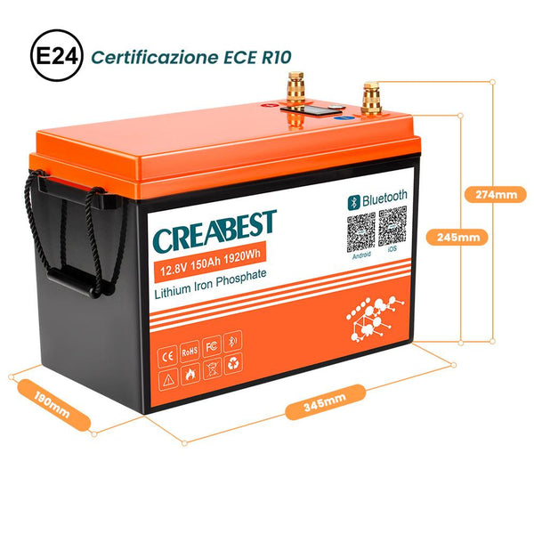 CREABEST Batteria LiFePO4 12V 150AH per Camper, Barca, Pannello Solare, Campeggio, Con Bluetooth