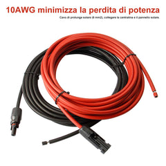 Cavo Prolunga Solare 5 Metri - 6mm²/10 AWG, Connettori Maschio/Femmina, IP65, 1 Paio Rosso/Nero
