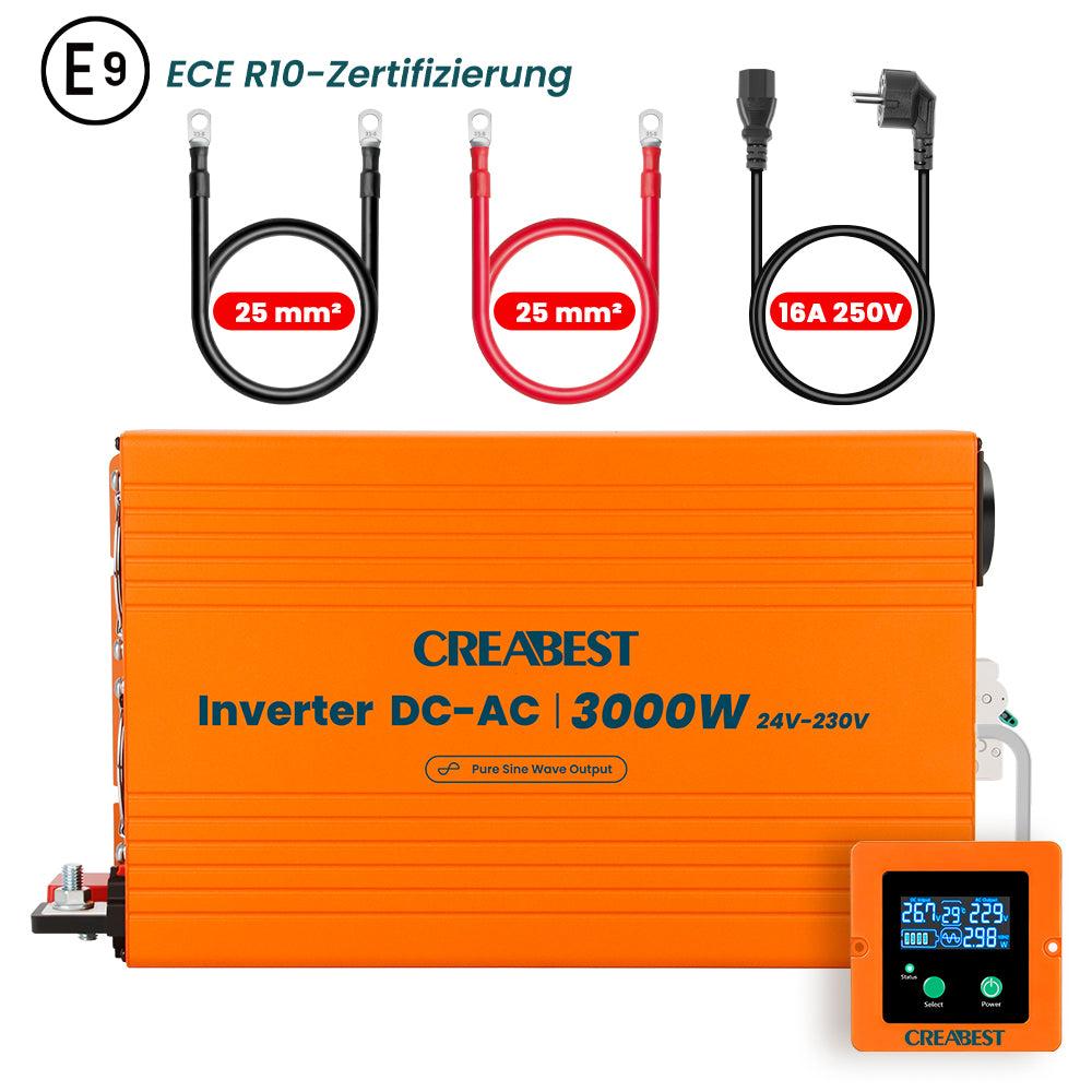 CREABEST 3000W Inverter 24V 220V Onda Pura per Camper Camion con Interruttore Differenziale, Priorità della Rete, ASI, R10, Cavi Batteria 25 mm²