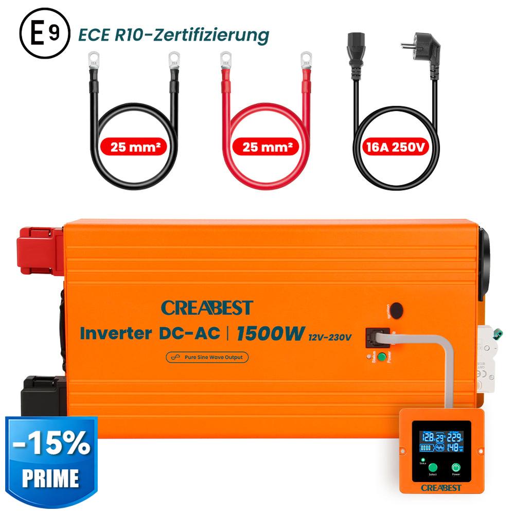 CREABEST 1500W Inverter 12V 220V Onda Pura per Camper Camion con Interruttore Differenziale, Priorità della Rete, ASI, R10, Cavi Batteria 25 mm²