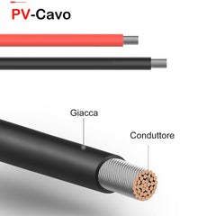 Cavo Prolunga Solare 5 Metri - 6mm²/10 AWG, Connettori Maschio/Femmina, IP65, 1 Paio Rosso/Nero